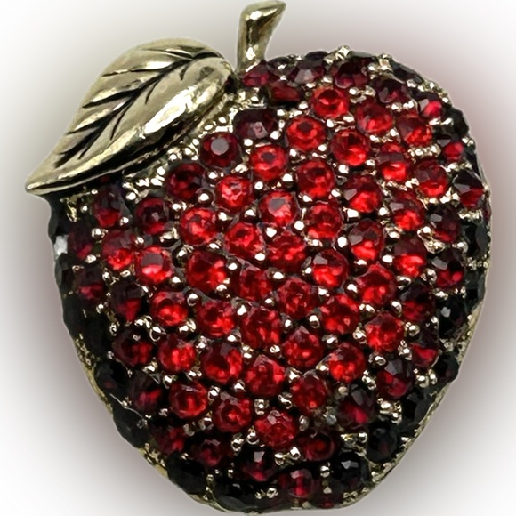 Monet Jewelry - Vintage Monet Red Rhinestone Antique Gold Apple Pin Brooch Teachers Gift